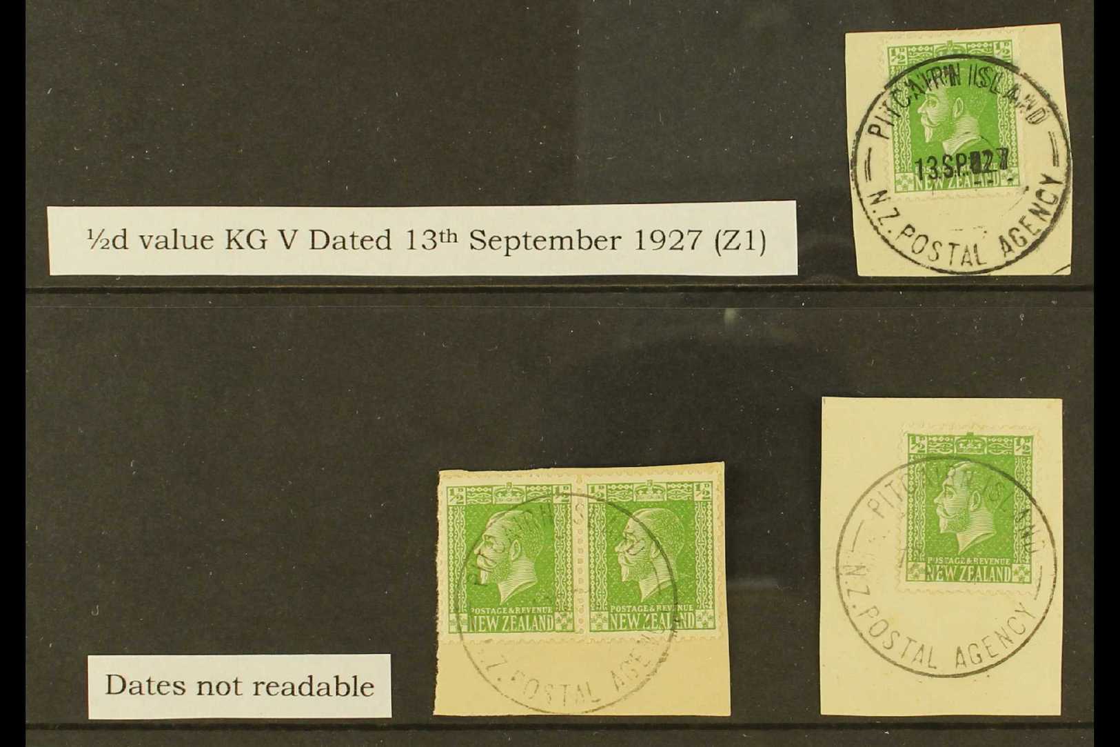 1915-29 ½d KGV Of New Zealand With "PITCAIRN ISLAND" Cds Cancels On-piece Group, SG Z1, One With Very Fine Complete Canc - Pitcairninsel