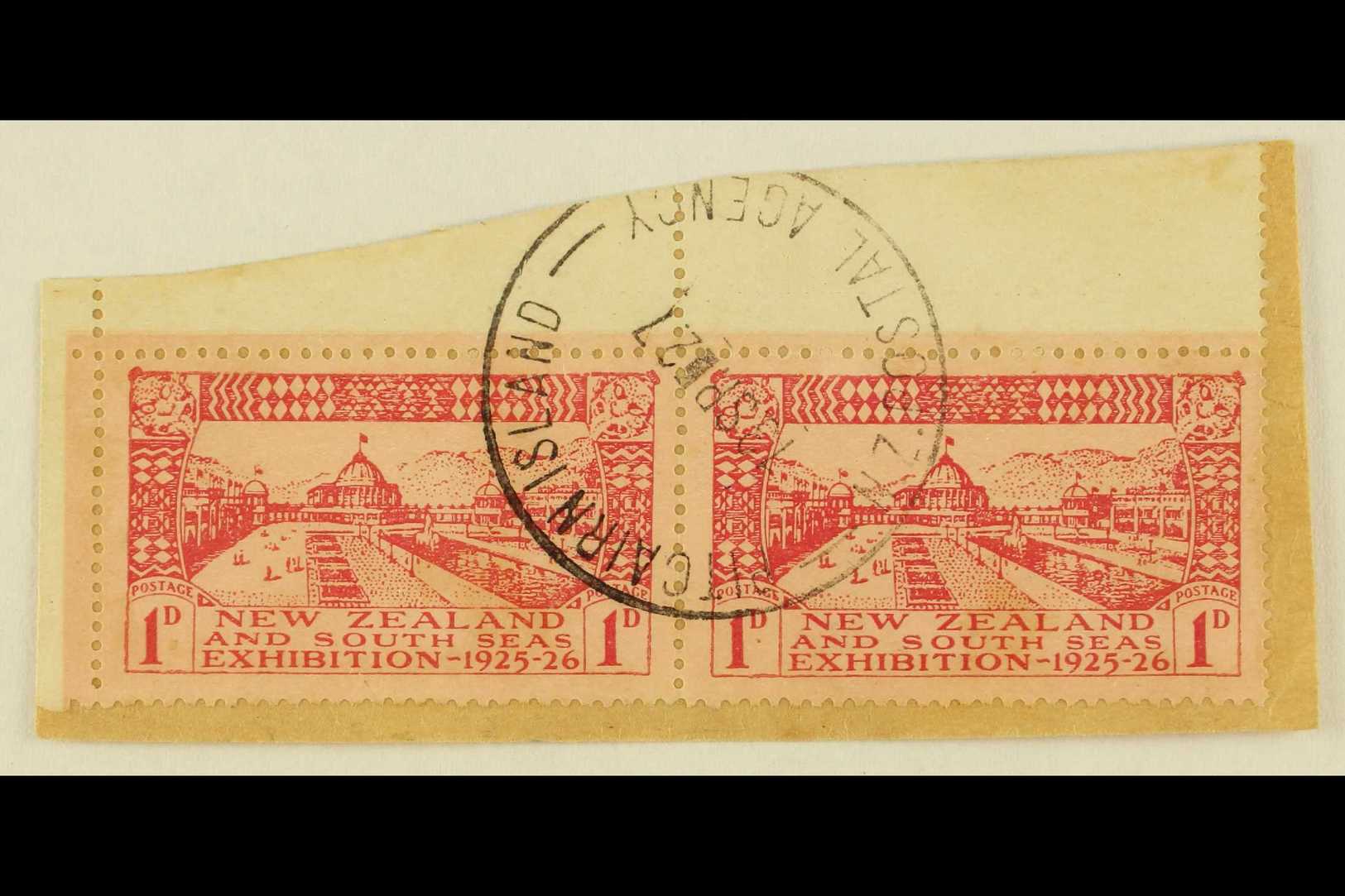 1925 1d Carmine On Rose Dunedin Exhibition Of New Zealand, Horiz Marginal Pair Tied To A Piece By Very Fine Near Complet - Pitcairn Islands