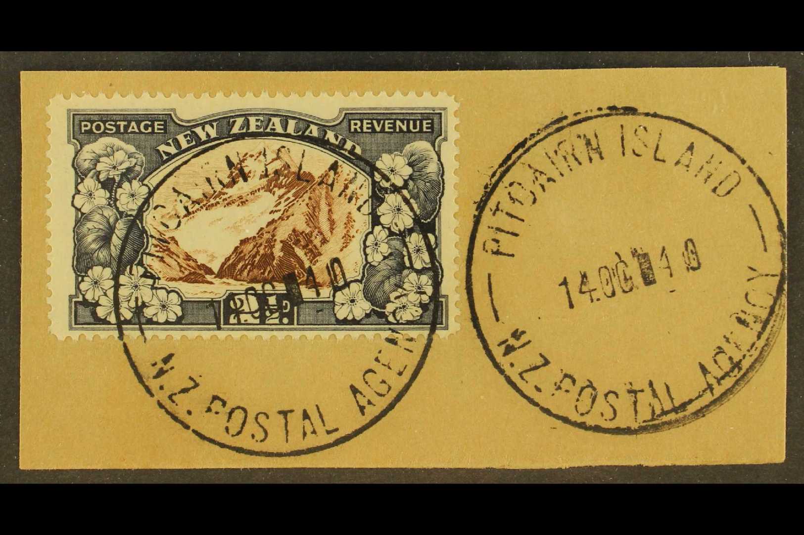 1935 2½d Chocolate And Slate Pictorial Of New Zealand, On Piece Tied By Fine Full "PITCAIRN ISLAND" Cds Cancels Of 14 OC - Pitcairn Islands