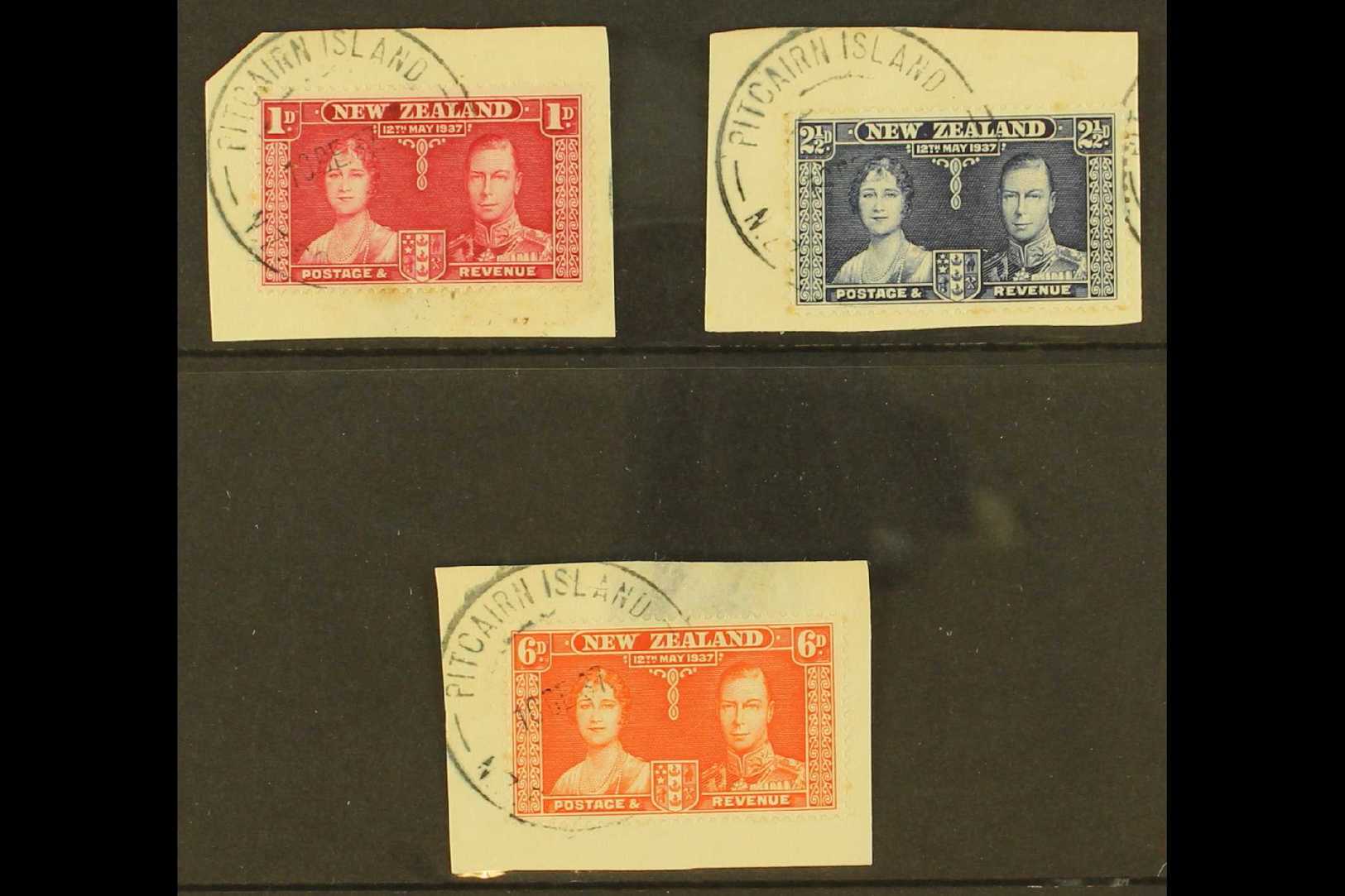 1937 1d, 2½d, And 6d Coronation Complete Set Of New Zealand, Each On Piece Tied By Fine Near Complete "PITCAIRN ISLAND"  - Pitcairninsel