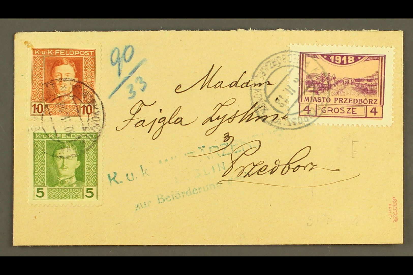 LOCAL TOWN POST PRZEDBORZ 1918 (20 Feb) Censored Cover Bearing Austria 5h & 10h Feldpost Stamps Tied By "K.u.k. Etappenp - Autres & Non Classés