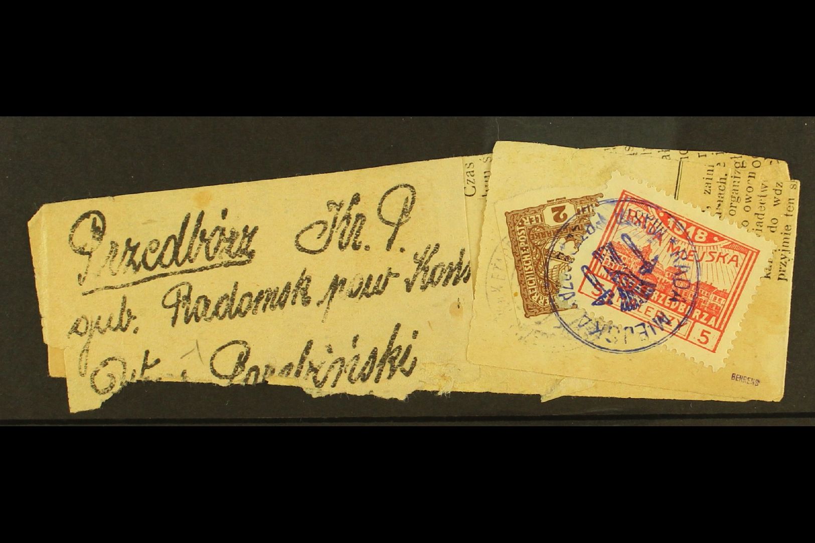 LOCAL TOWN POST PRZEDBORZ 1918 Newspaper Wrapper Bearing Austria 2h Newspaper Stamp Tied By "K.u.K. Etappenpostamt Przed - Autres & Non Classés