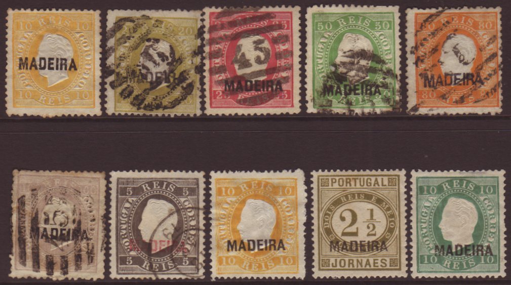 MADEIRA 1871-80 Mint, Used Or Unused Group With Type T1 Opts On 10r Unused And 20r Used, Type 2 Opts On 25r Used, Type 3 - Other & Unclassified