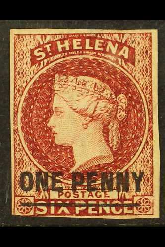 1863 1d Lake With Surcharge Type A, SG 3, Very Fine Unused With 3+ Margins, Just Touching At Lower Left For More Images, - Sint-Helena