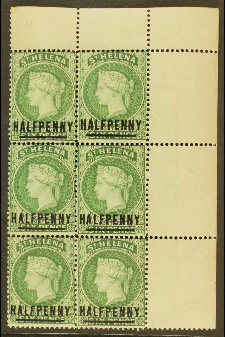 1884-94 ½d Green (words 17mm), Reversed Watermark, SG 35x Never Hinged Mint Corner Block Of 6, Light Tone To Selvedge (1 - Sainte-Hélène
