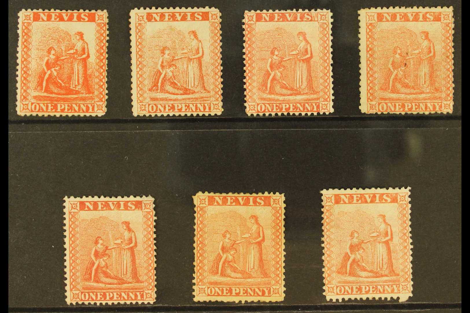 1871-78 1d Lithographed, SG 15/17, Plated Examples From Positions 1, 2, 6, 7, 9, 10 And 11 (blind Perf. At Base), Three  - St.Christopher, Nevis En Anguilla (...-1980)