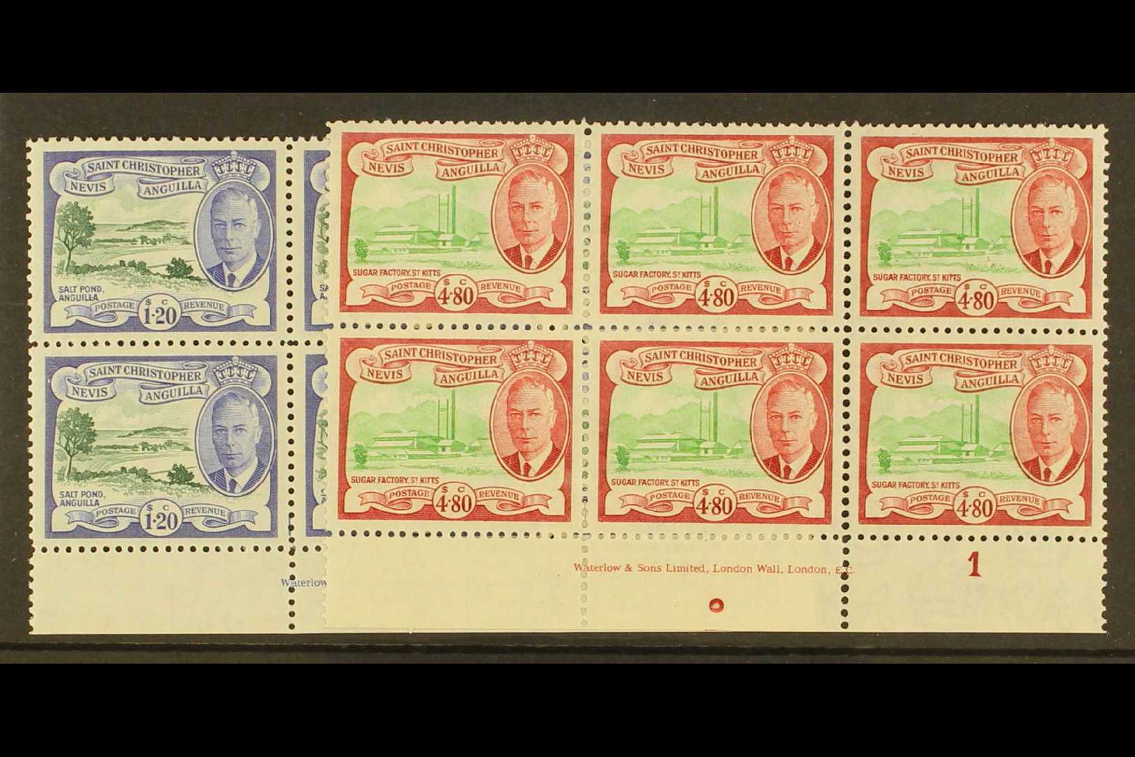 1952 $1.20 And $4.80, SG 104/105, Each In A Lovely Lower Marginal Imprint & Plate Number Block Of Six, Fine Never Hinged - St.Kitts And Nevis ( 1983-...)