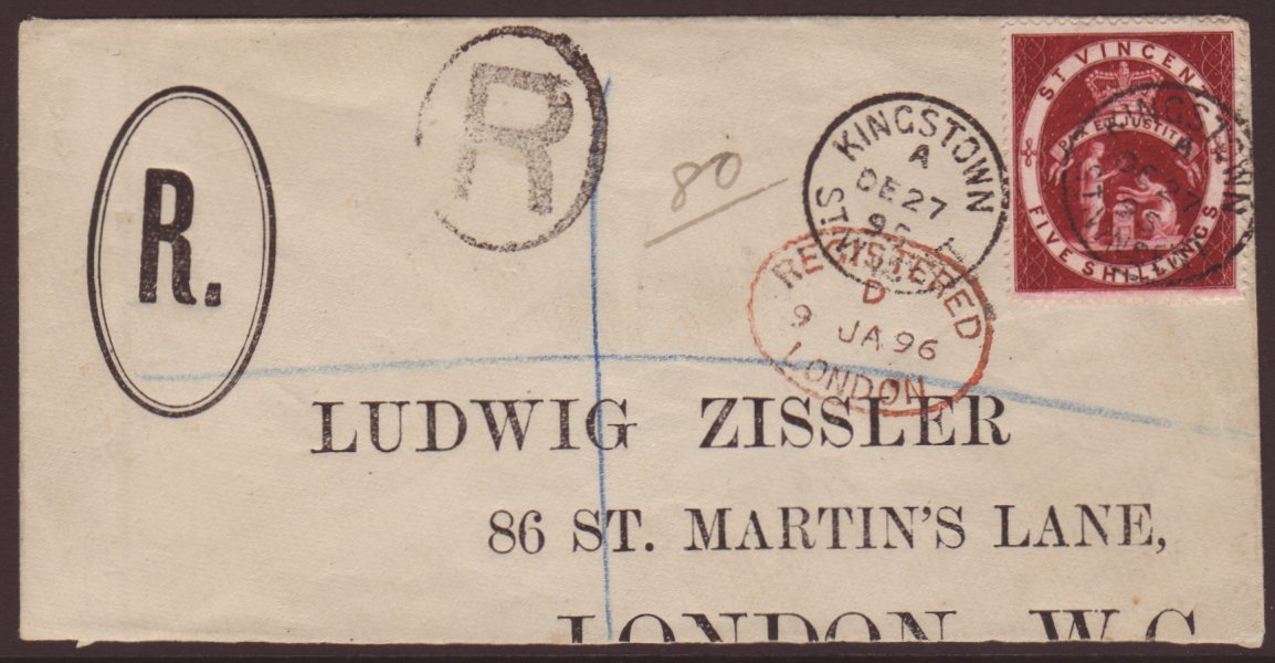 1888 5s Brown Lake SG 53a, Tied Kingston Cds On Large Part Envelope Registered To London.  For More Images, Please Visit - St.Vincent (...-1979)