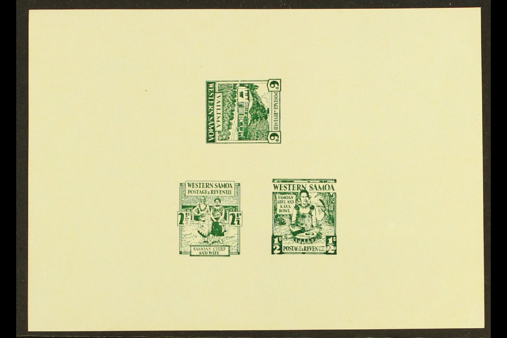 1935 PICTORIAL DEFINITIVE ESSAYS Collins Essays For The ½d, 2½d And 6d Values, In Green On A Single Sheet Of Thick Gloss - Samoa (Staat)