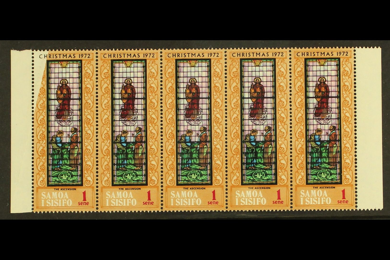 1972 1s Christmas (SG 400) Marginal Horizontal Never Hinged Mint Strip Of Five, The Left Stamp With Part Of The Orange-b - Samoa