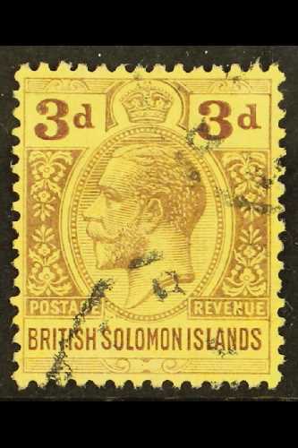 1914-23 (wmk Mult Crown CA) 3d Purple/pale Yellow, SG 28, Fine Used. For More Images, Please Visit Http://www.sandafayre - Salomonseilanden (...-1978)