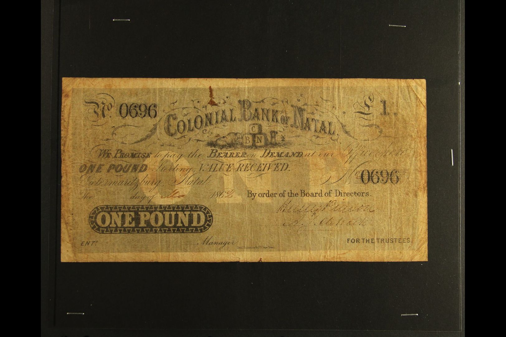 NATAL 1862 £1 COLONIAL BANK OF NATAL Banknote, Intact, Soiled, Folded & Pressed!. Scarce For More Images, Please Visit H - Non Classés