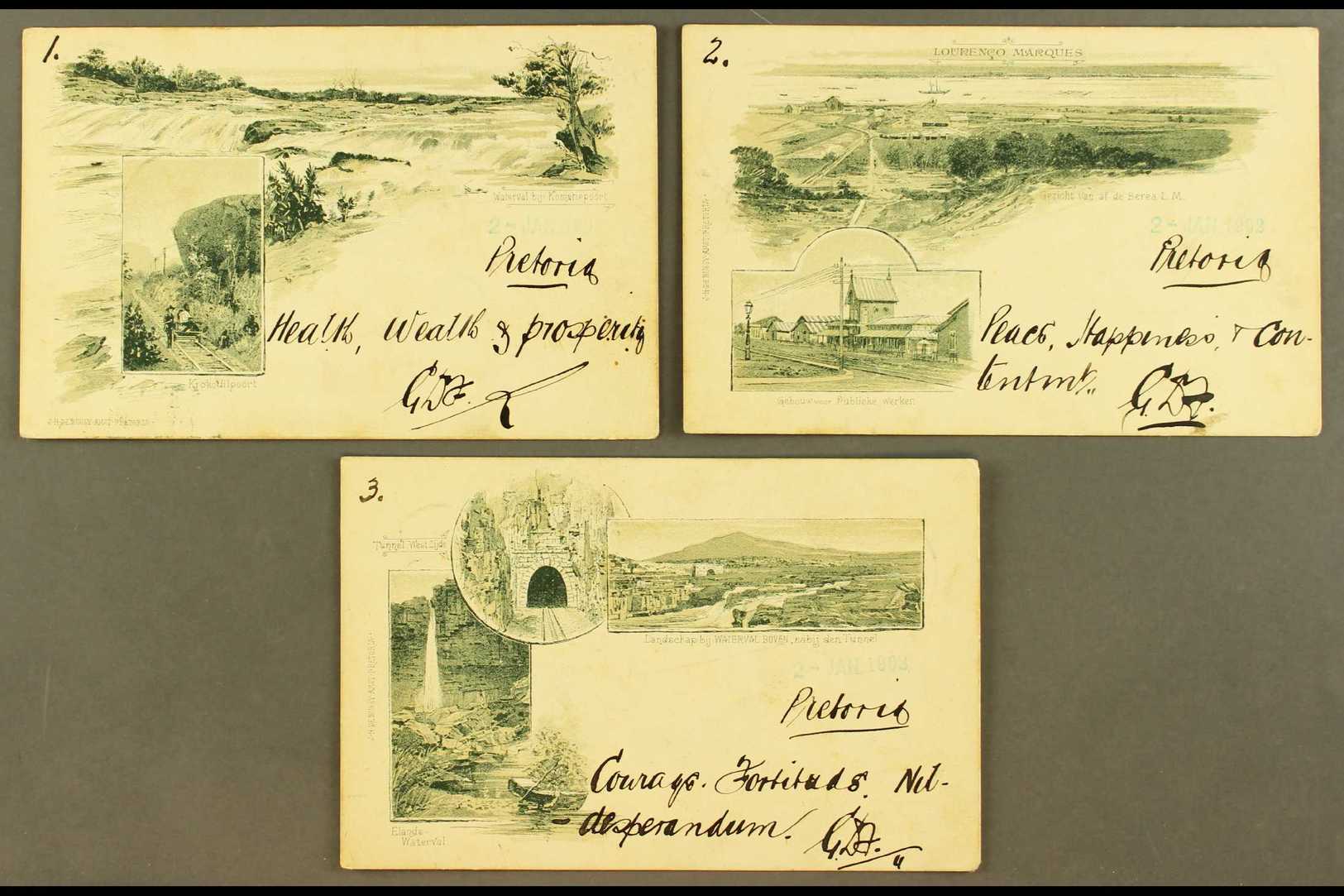 TRANSVAAL 1902 Group Of Three Different Pictorial Postcards, Each Numbered And Addressed To Pretoria, Each Posted Withou - Unclassified