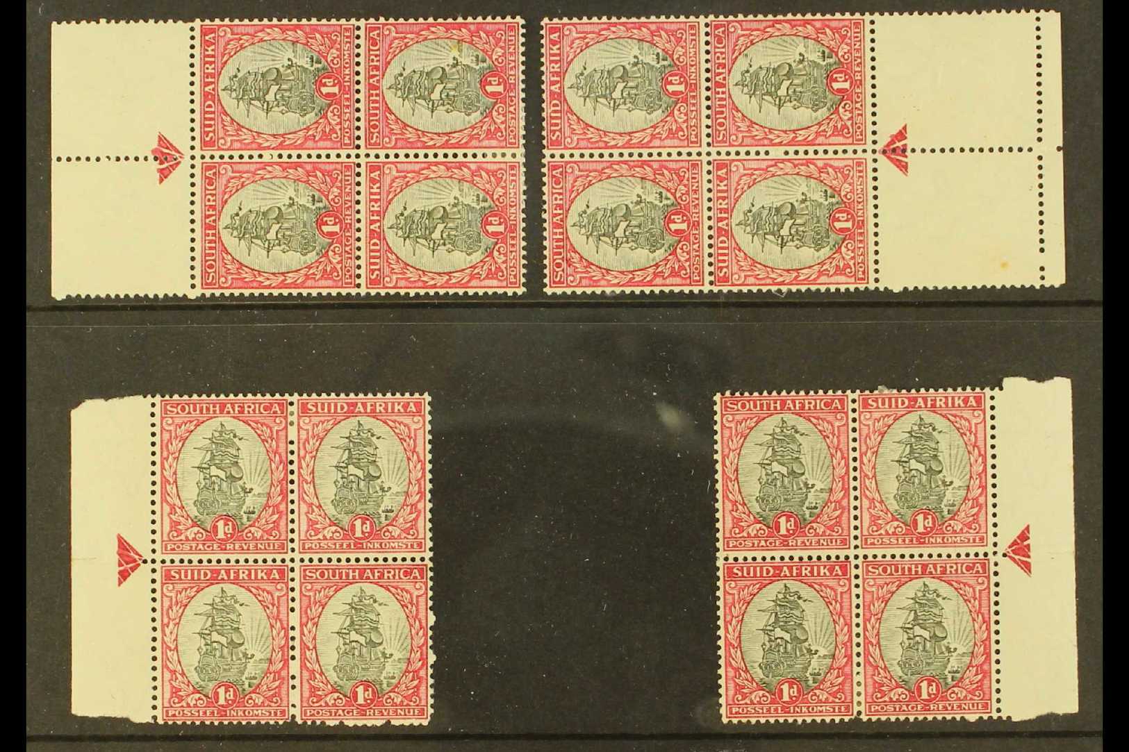 1933-48 1d Grey & Carmine, Wmk Upright, All Four ARROW BLOCKS From Issue 13, SG 56, Mint, Pulled Corner Perf On One Bloc - Non Classés