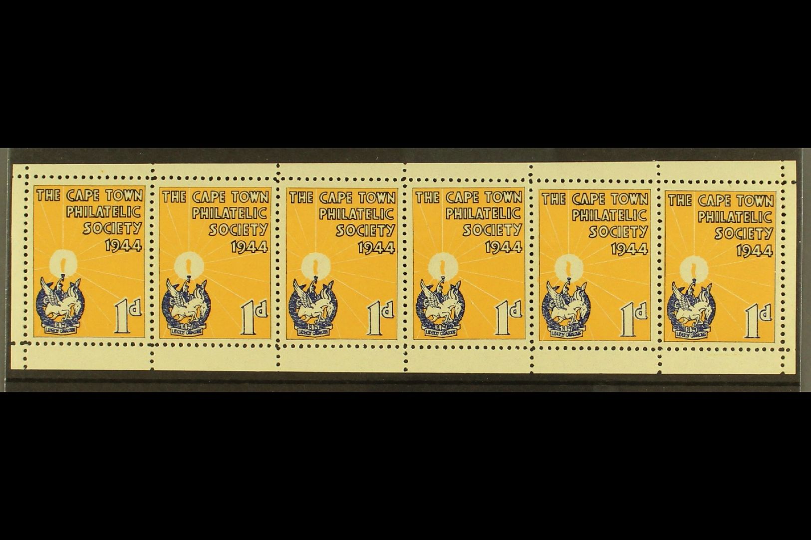 CINDERELLA LABEL 1944 "The Cape Town Philatelic Society" 1d Blue & Buff, Strip Of 6 Labels With Margins All Around, Gumm - Zonder Classificatie