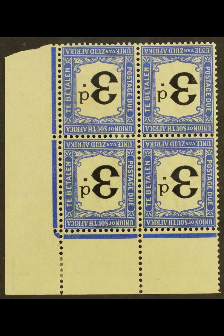 POSTAGE DUES 1914-22 3d Black & Bright Blue, WATERMARK INVERTED In Corner Marginal Block Of 4, SG D4w, Hinged On Margin, - Unclassified