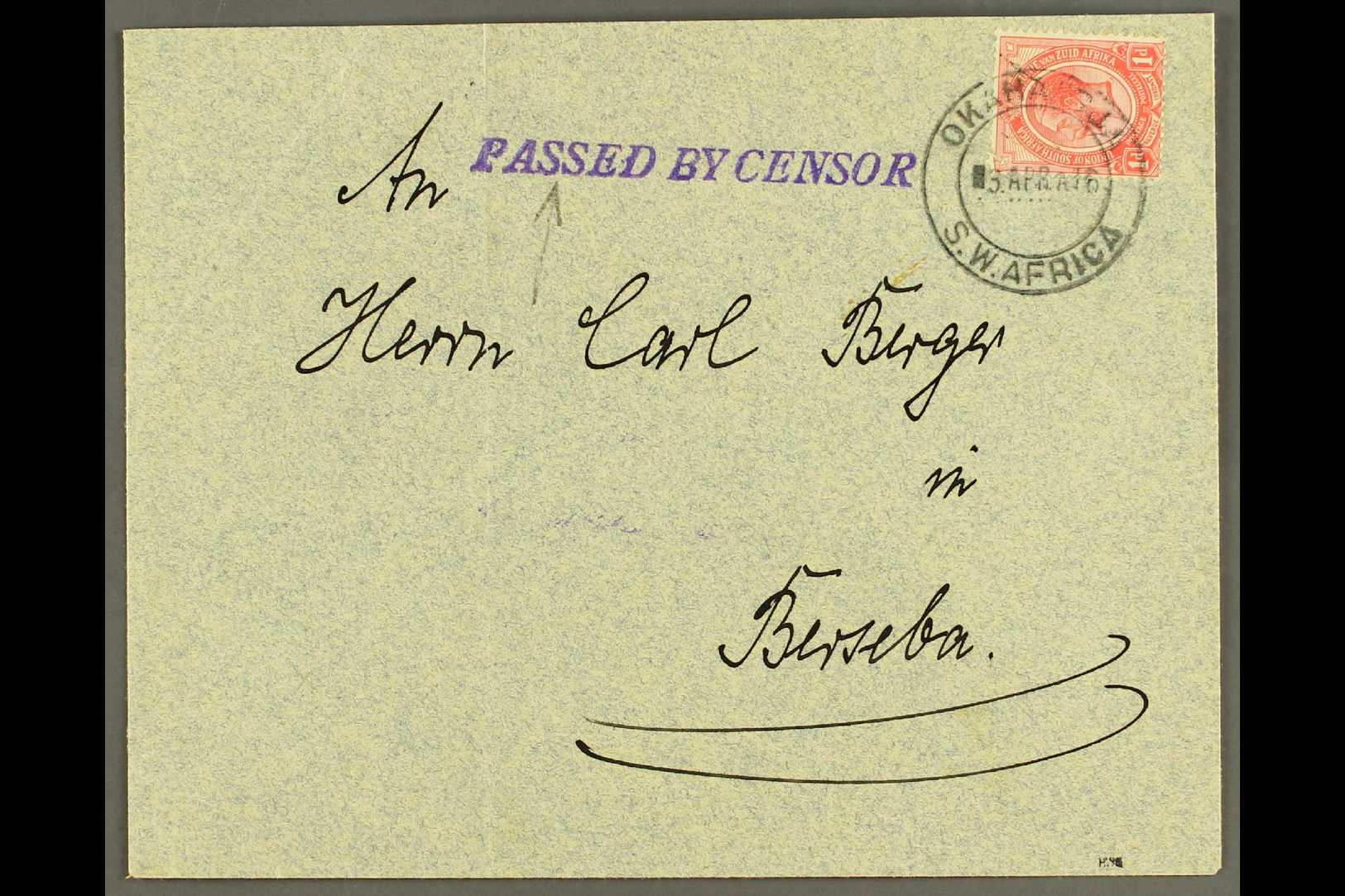 1916 (3 Apr) Cover To Berseba Bearing 1d Union Stamp Tied By Fine "OKAHANDJA / S.W. AFRICA" Cds Postmark, Putzel Type 2, - Afrique Du Sud-Ouest (1923-1990)