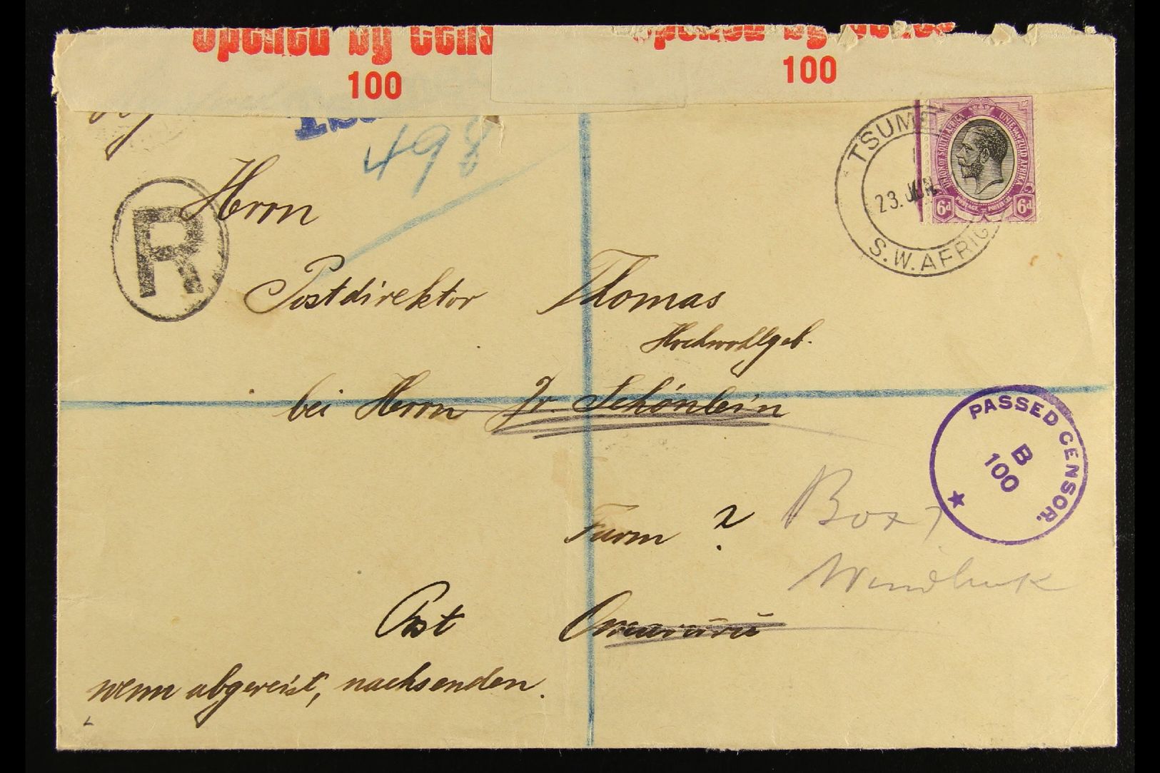 1917 (23 Jun) Redirected Registered Cover Bearing 6d Union Stamp Tied By Very Fine "TSUMEB" Cds Postmark, Putzel Type B5 - Afrique Du Sud-Ouest (1923-1990)