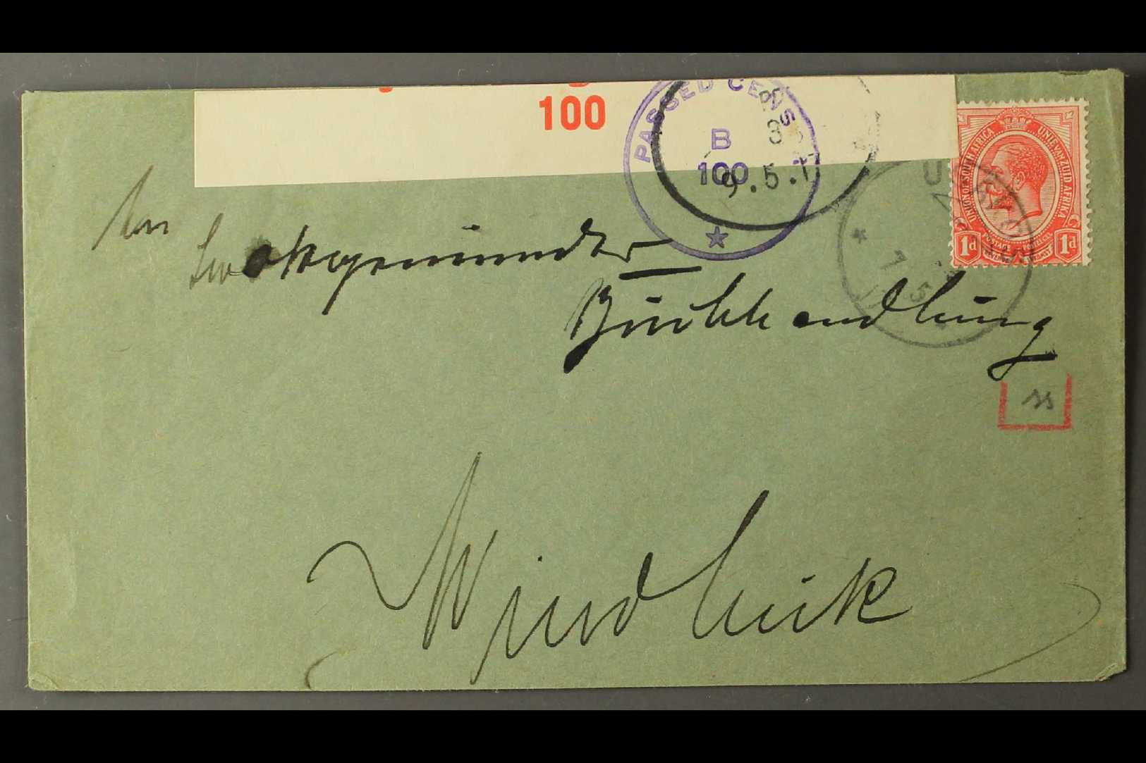 1917 (7 May) Cover To Windhuk Bearing 1d Union Tied By Fine "USAKOS" Converted German Cancelled, Putzel Type B3 Oc, With - Africa Del Sud-Ovest (1923-1990)