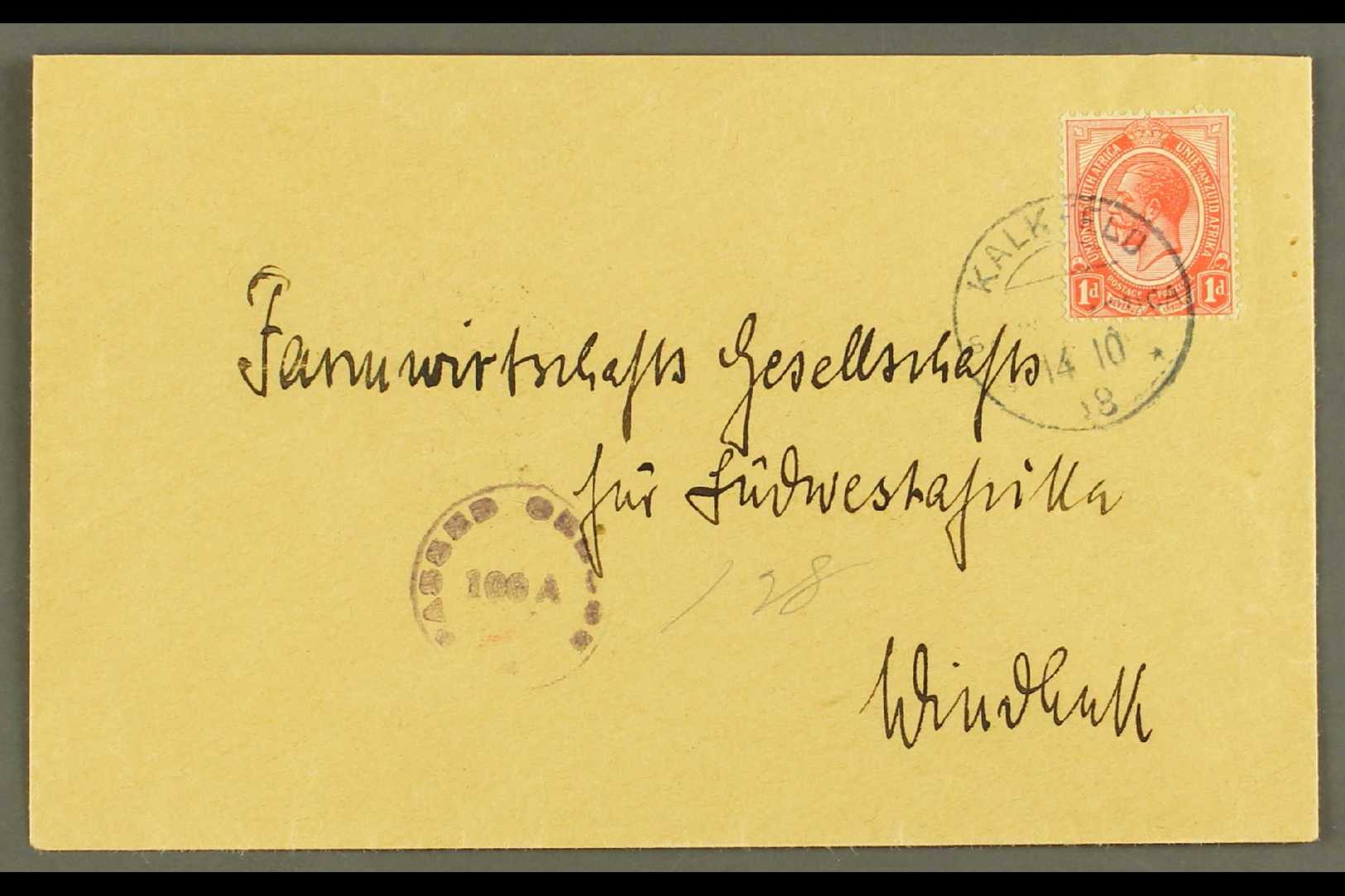 1918 (14 Oct) Cover To Windhuk Bearing 1d Union Stamp Tied By Very Fine "KALKFELD" Cds Cancel, Putzel Type B2, With Viol - Afrique Du Sud-Ouest (1923-1990)