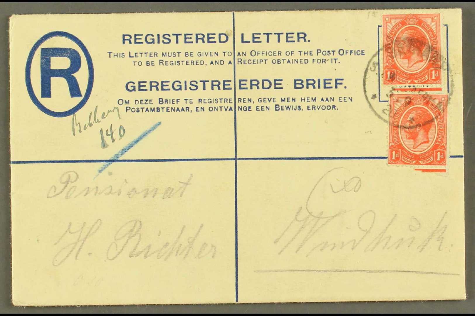 1920 (3 Sep) 4d Registered Envelope To Windhuk Uprated With 1d Union X2 Tied By "BETHANY" Cds Postmark, Putzel Type 1, W - Afrique Du Sud-Ouest (1923-1990)