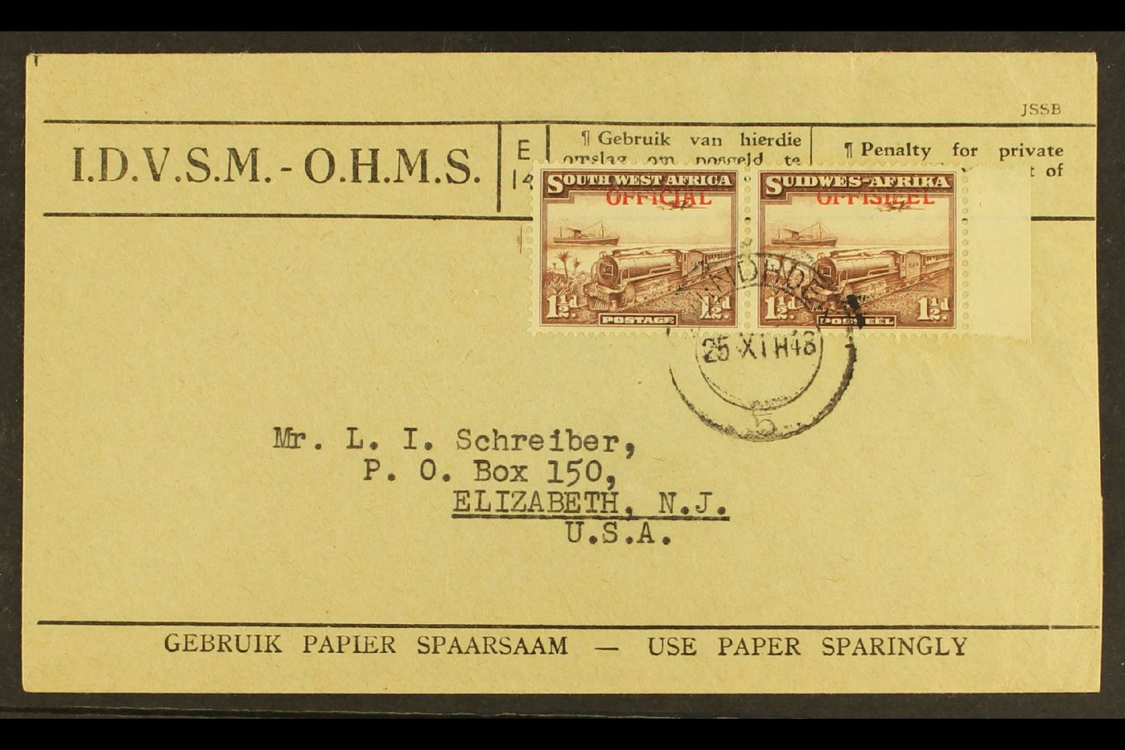 OFFICIALS 1945 - 50 1½d Purple Brown, SG O20, Bi-lingual Pair Superb Used On OHMS Cover To USA. Rare Franking!  For More - Afrique Du Sud-Ouest (1923-1990)