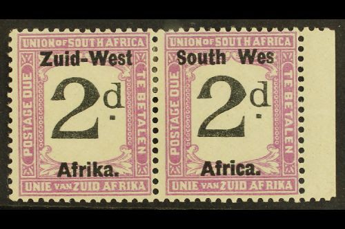 POSTAGE DUE 1923 2d Black And Violet Pair With "WES FOR WEST" Variety, Pretoria Printing, SG D9a, Very Fine & Fresh Mint - South West Africa (1923-1990)