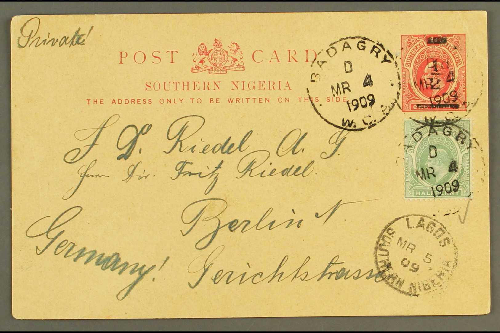 1908 ½d On 1d Red On Buff Surcharged Stationery Card To Germany, Uprated ½d Both Cancelled BADAGRY  W. C. A. Cds With La - Nigeria (...-1960)