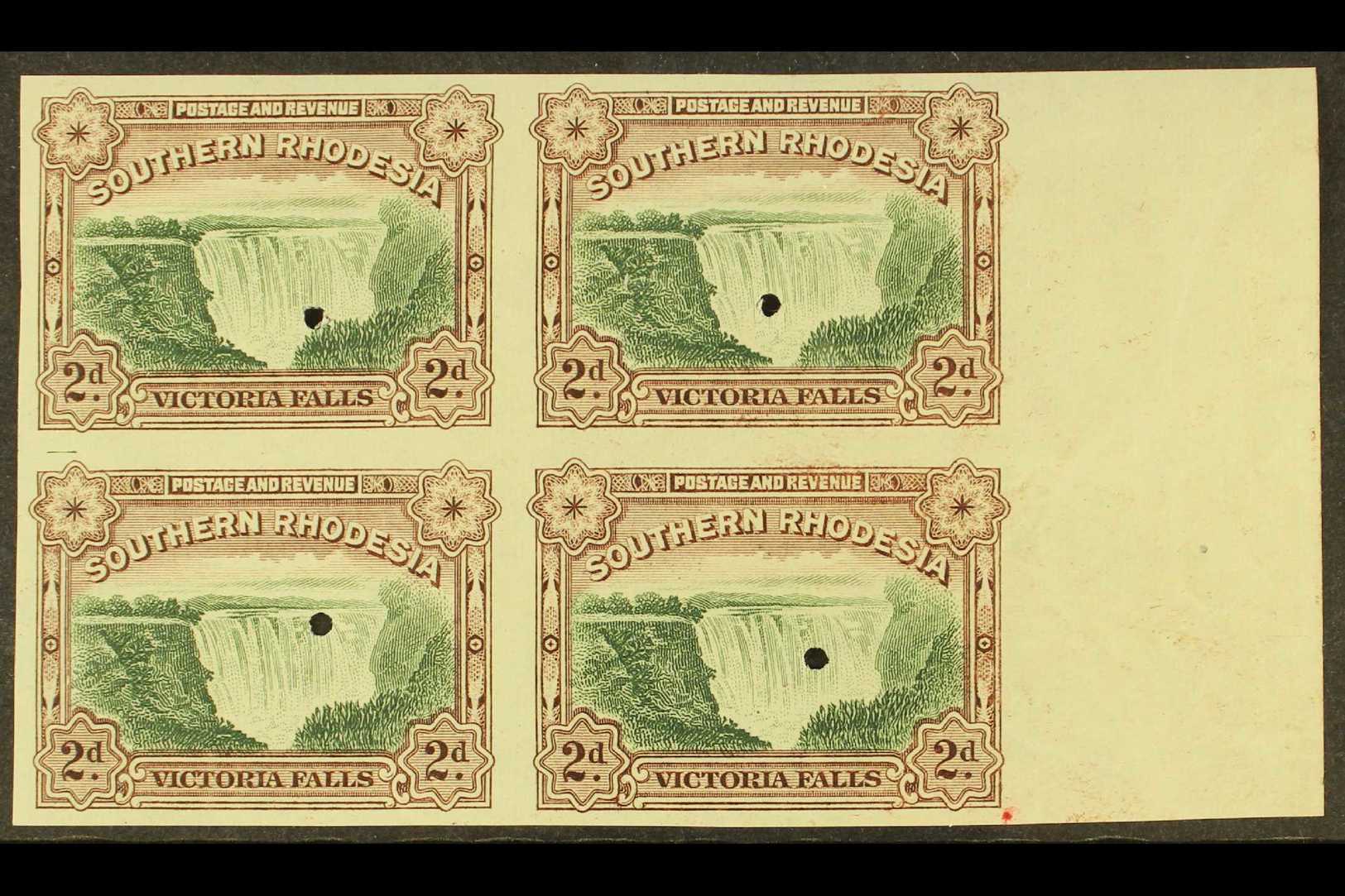 1935-41 VICTORIA FALLS 2d Green And Chocolate (as SG 35) - A Right Marginal IMPERF PROOF BLOCK OF FOUR, Each Stamp With  - Rhodésie Du Sud (...-1964)