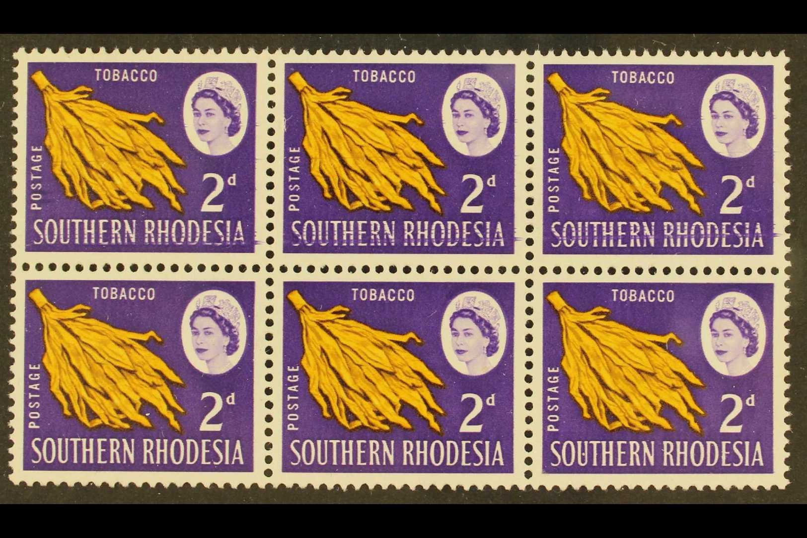 1964 2d Yellow & Deep Violet, Tobacco, Block Of 6 (3x2) With Large Ink Drag Through Country Name, Affects Top Three Stam - Rhodésie Du Sud (...-1964)