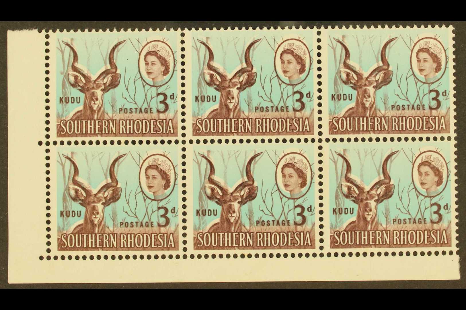 1964 3d Greater Kudu, Block Of Six With UPWARDS SHIFT Of Blue, SG 95, Fine Mint, Hinged On Two Stamps, Others NHM. For M - Zuid-Rhodesië (...-1964)