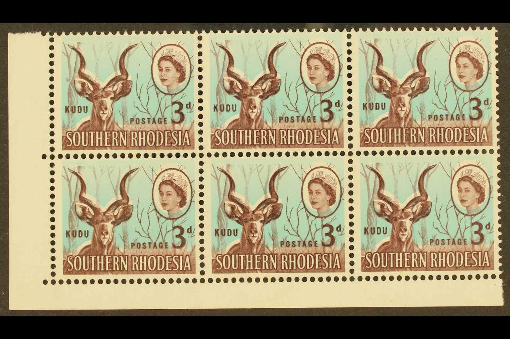 1964 3d Greater Kudu, Block Of Six With UPWARDS SHIFT Of Blue, SG 95, Fine Mint, Hinged On Two Stamps, Others NHM. For M - Southern Rhodesia (...-1964)