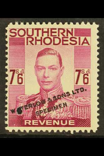 REVENUE COLOUR TRIAL. 1937 7s6d Purple (issued In Black, Barefoot 19) With Small Punch Hole And Black "Waterlow & Sons L - Southern Rhodesia (...-1964)