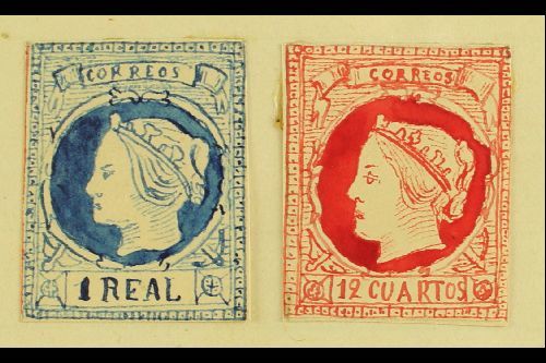 1861 HAND PAINTED STAMPS Unique Miniature Artworks Created By A French "Timbrophile" In 1861. Queen Isabella II (similar - Altri & Non Classificati