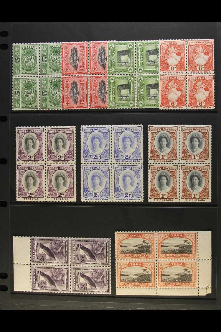 1942-9 Pictorial Defins, Watermark Script CA, Complete Set In BLOCKS OF FOUR, SG 74/82, Never Hinged Mint (9 Blocks). Fo - Tonga (...-1970)