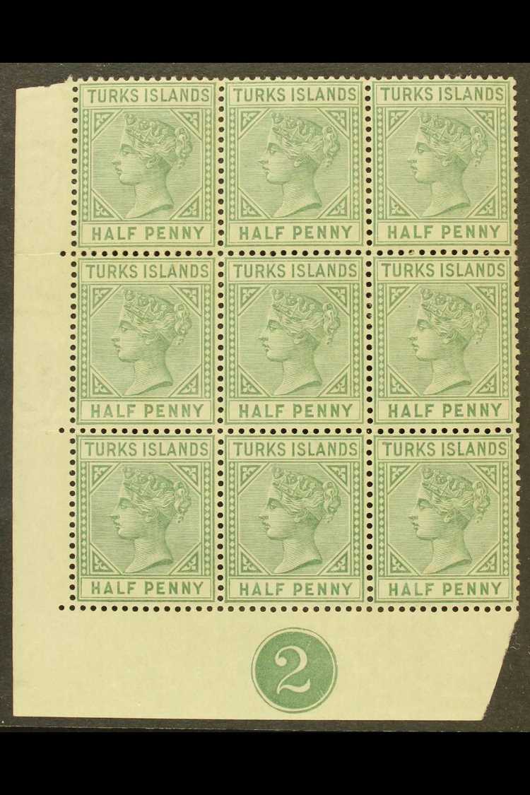 TURKS ISLANDS 1182-5 ½d Pale Green, Corner BLOCK OF NINE With Control No.2, SG 53a, Minor Imperfections On Reverse, Nice - Turks- En Caicoseilanden