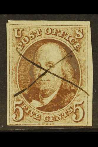 1847 5c Red-brown On Bluish, Scott 1, Used With Pen Cancel, Four Close To Large Margins. For More Images, Please Visit H - Andere & Zonder Classificatie