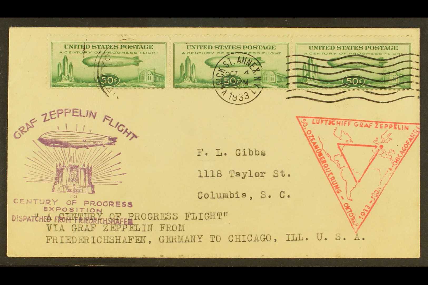 1933 ZEPPELIN COVER 50c Green "Century Of Progress" On Washington DC FDC,  Friederichshafen To Chicago Expo Cover Franke - Autres & Non Classés