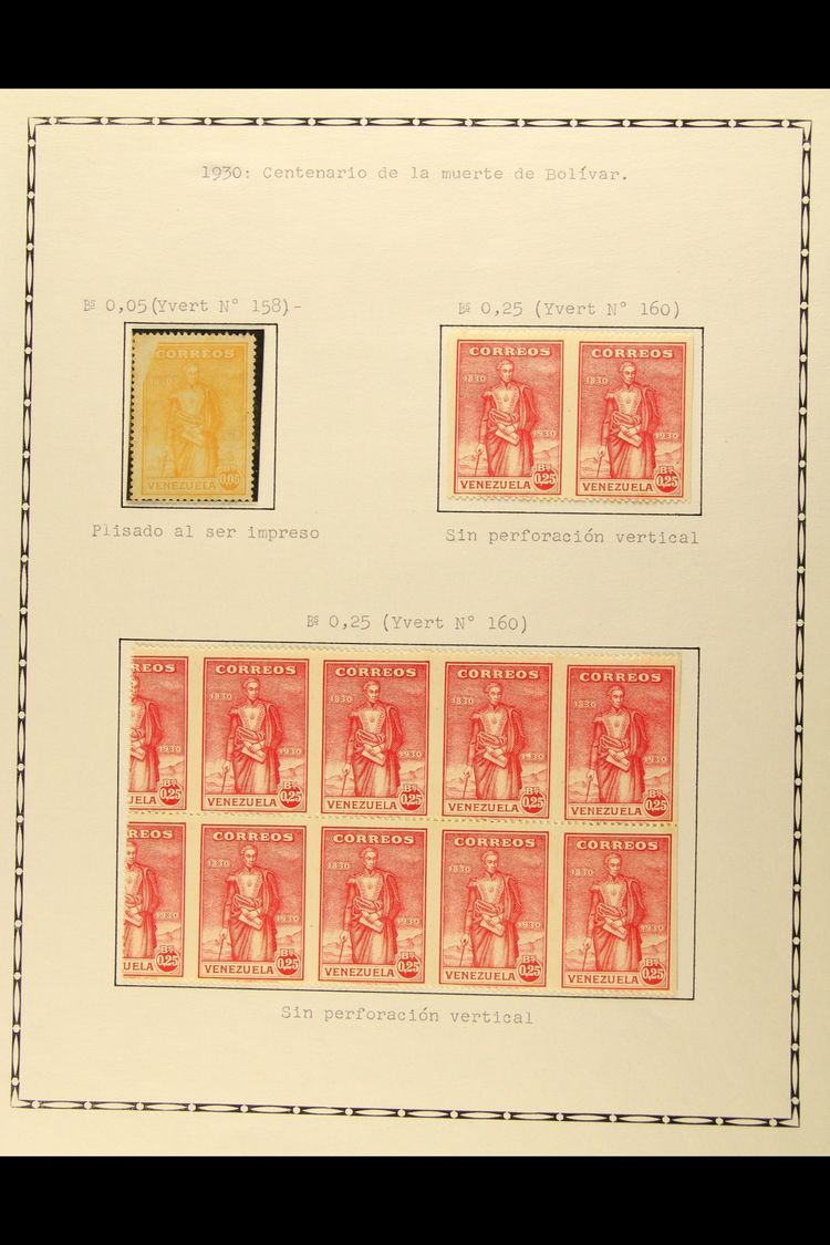 1930 BOLIVAR CENTENARY VARIETIES Includes 5c Yellow Mint, Scott 290, With Part Of Impression Missing From Top Left Corne - Venezuela