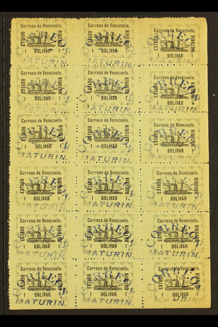 MATURIN LOCAL ISSUE 1903 1b Black On Grey Ship, Michel 38, Never Hinged Mint BLOCK Of 18 (3x6) With "Correos Maturin" Co - Venezuela