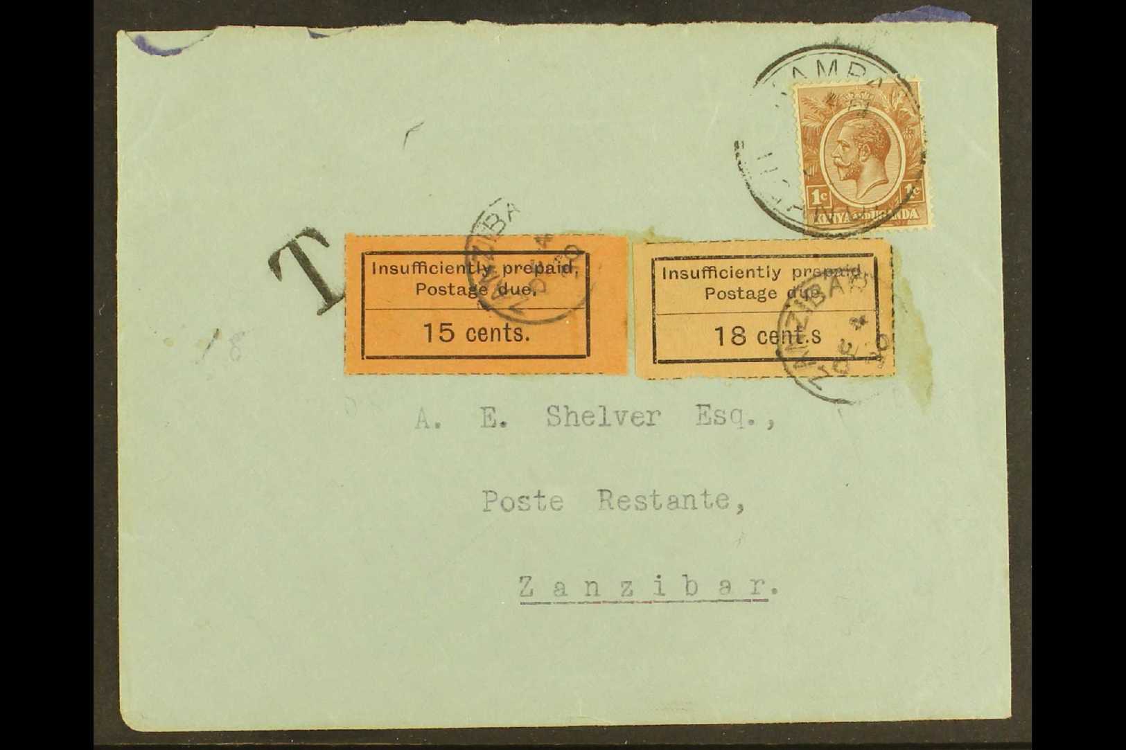 1926-30 POSTAGE DUE ERROR ON COVER Envelope From Kampala To Zanzibar, Bearing The KUT 1c Brown Tied Kampala Cds, With "T - Zanzibar (...-1963)