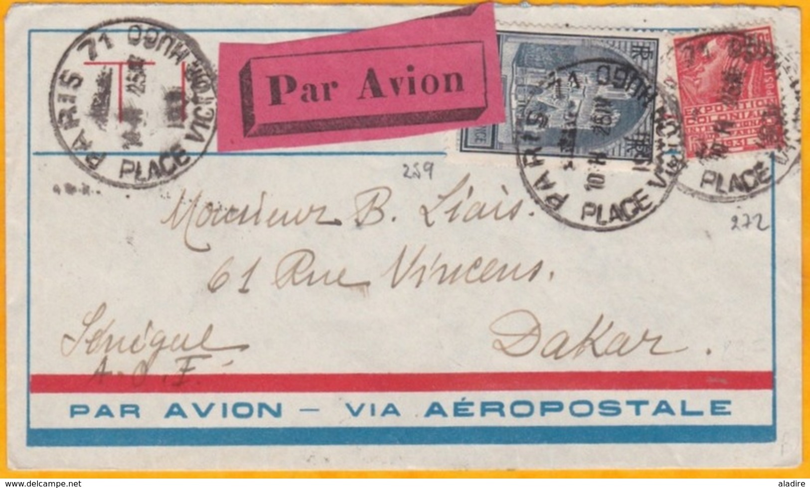 1931 - Enveloppe Par Avion Aéropostale De Paris Vers Dakar, Sénégal, Ligne Mermoz, Affrt 3 F 50 Expo Coloniale Et Reims - 1960-.... Briefe & Dokumente