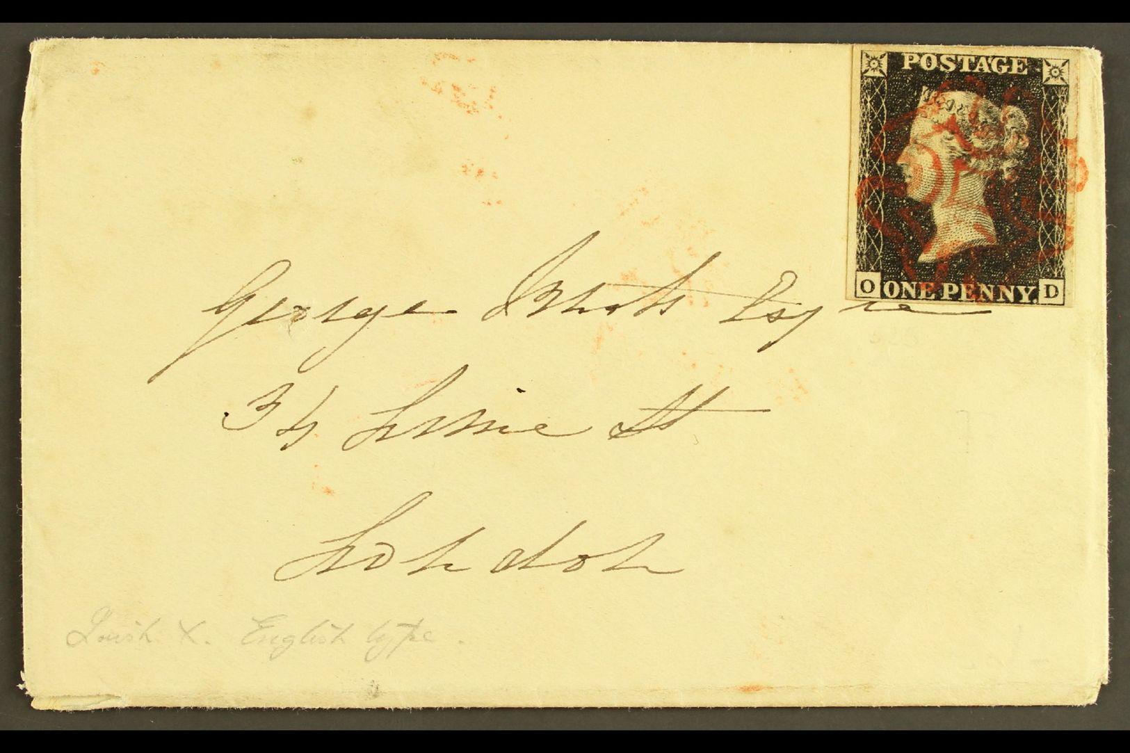 1840 (22 Aug) Env To London Bearing 1d Black 'OD' Plate IV With 4 Small To Very Large Neat Margins Tied By Lovely Red MC - Unclassified