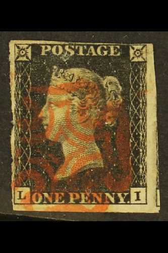 1840 1d Black 'LI' Plate 7, SG 2, 4 Margins And Upright Red MC Pmk. A Tiny Thin At Top But A Very Pretty Stamp. For More - Non Classés