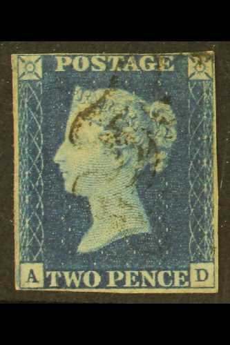 1840 2d Blue 'AD' Plate 2, SG 4, Used With 4 Margins And Lightly Struck Black Maltese Cross Cancellation. For More Image - Other & Unclassified