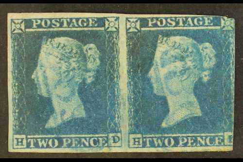 1841 2d Blue PAIR Cancelled By BRIGHT BLUE NUMERAL POSTMARKS (SG 14h), Left Left Side Stamp 'HD' With 4 Very Large Margi - Other & Unclassified