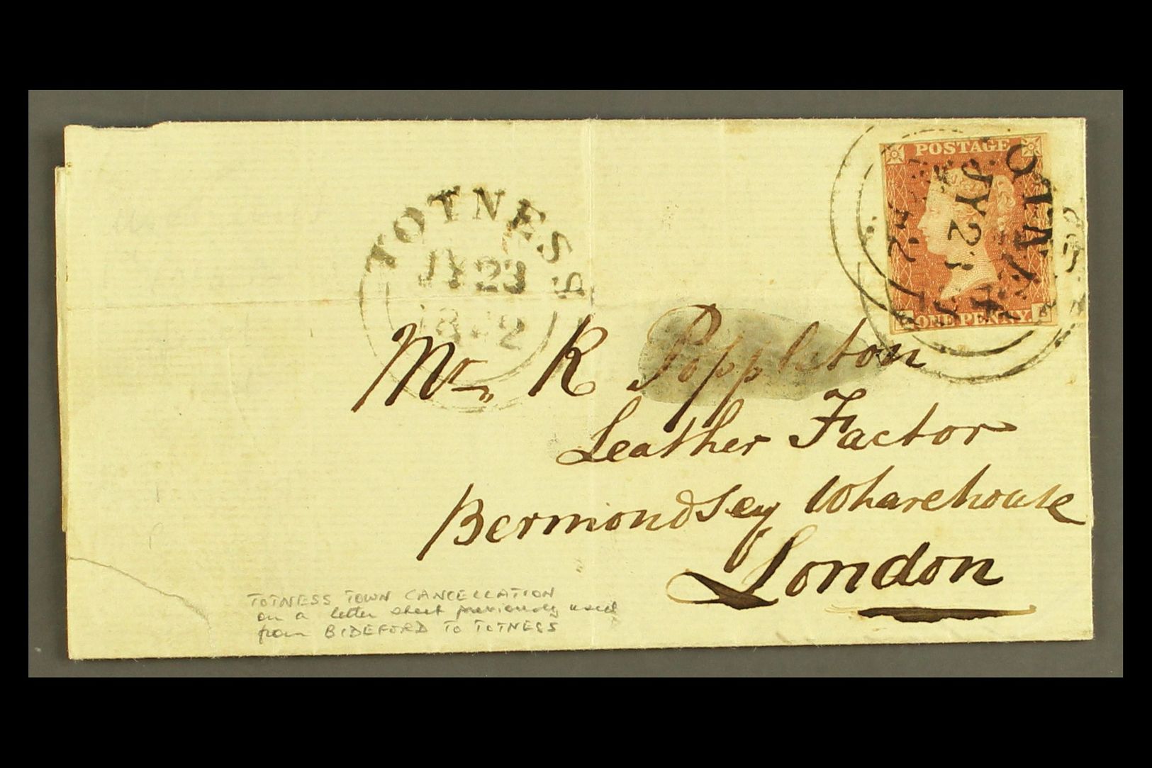 1842 "WESSEX" CANCELLATION ON COVER. 1842 (23 July) EL From Totnes To London Bearing 1d Red-brown 'LB' With 4 Margins Ti - Other & Unclassified