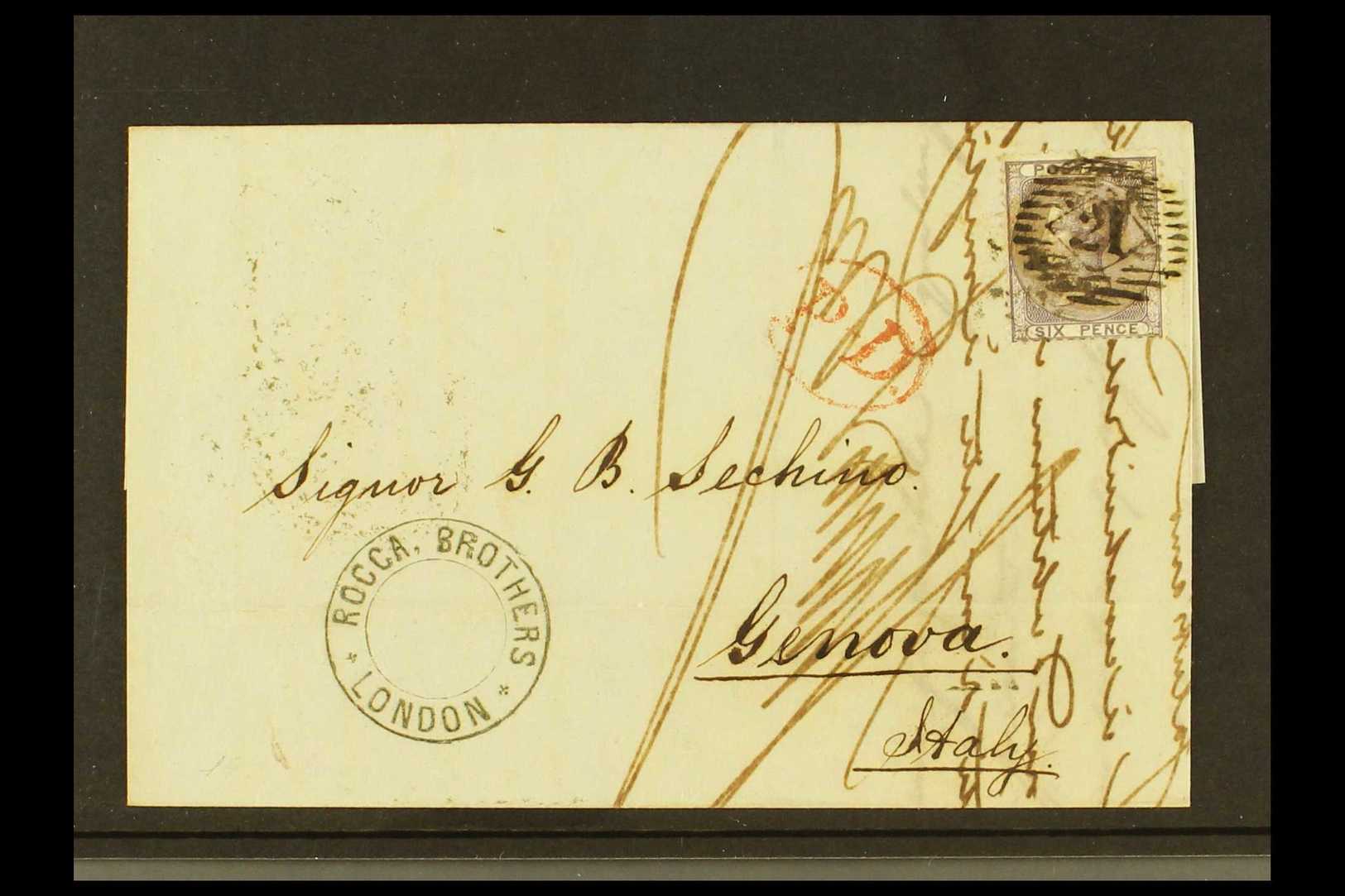 1858 (25th May) 6d Lilac, No Corner Letters, SG 69, On Entire To Italy, Tied By "21" Numeral London District Cancel, "P. - Other & Unclassified