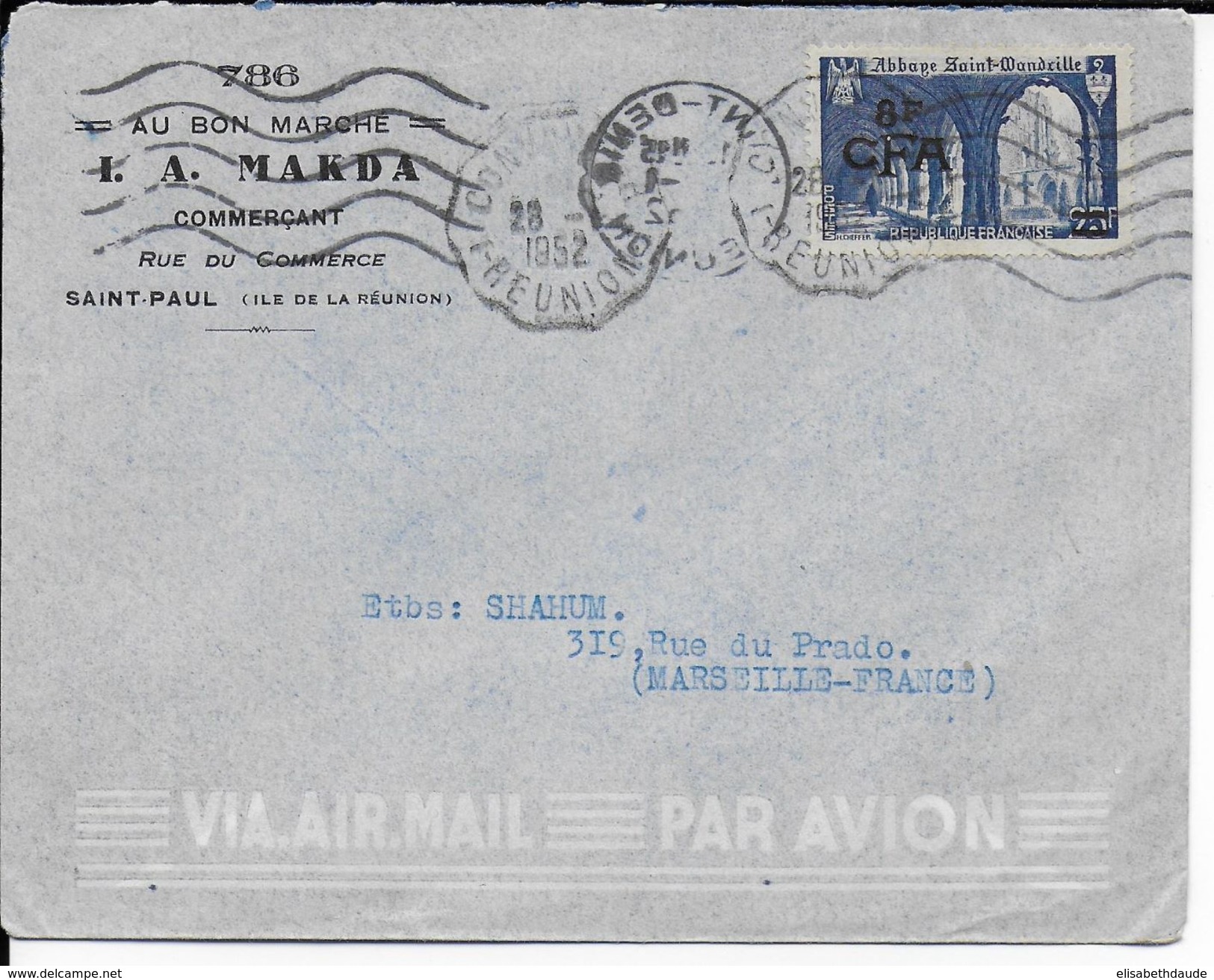 LA REUNION - 1952 - YT 302 SEUL Sur LETTRE Par AVION Avec CONVOYEUR 1 (SAINT DENIS MECA INVERSEE)  => MARSEILLE - Covers & Documents