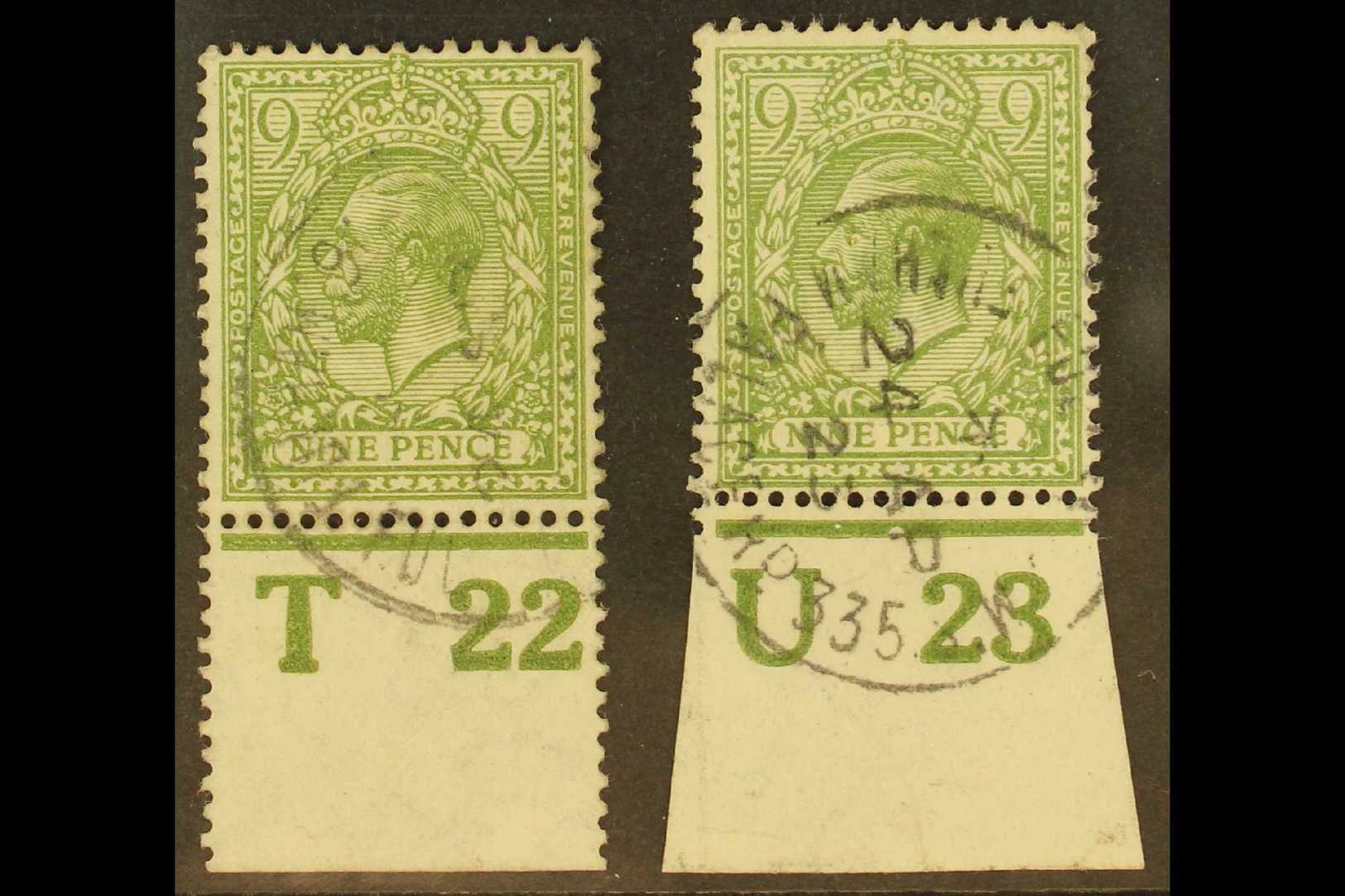 1912-24 9d Olive-green, "T 22" Perf & "U 23" Imperf Margin, Control Singles, SG 393a, Very Fine Used (2). For More Image - Unclassified